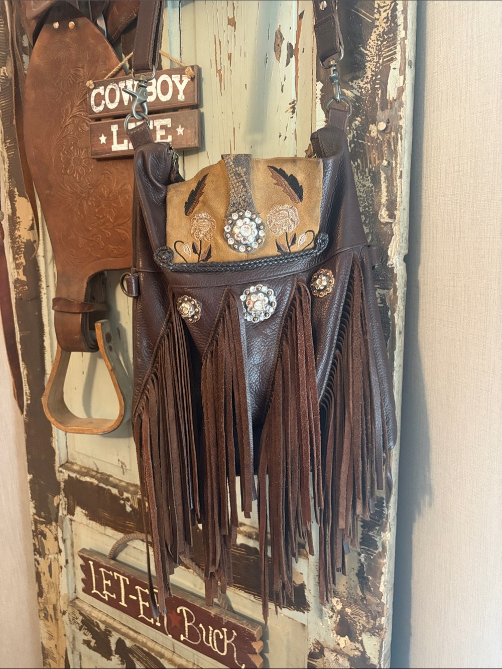 STS Ranchwear Brown Fringed Crossbody with Conchos
